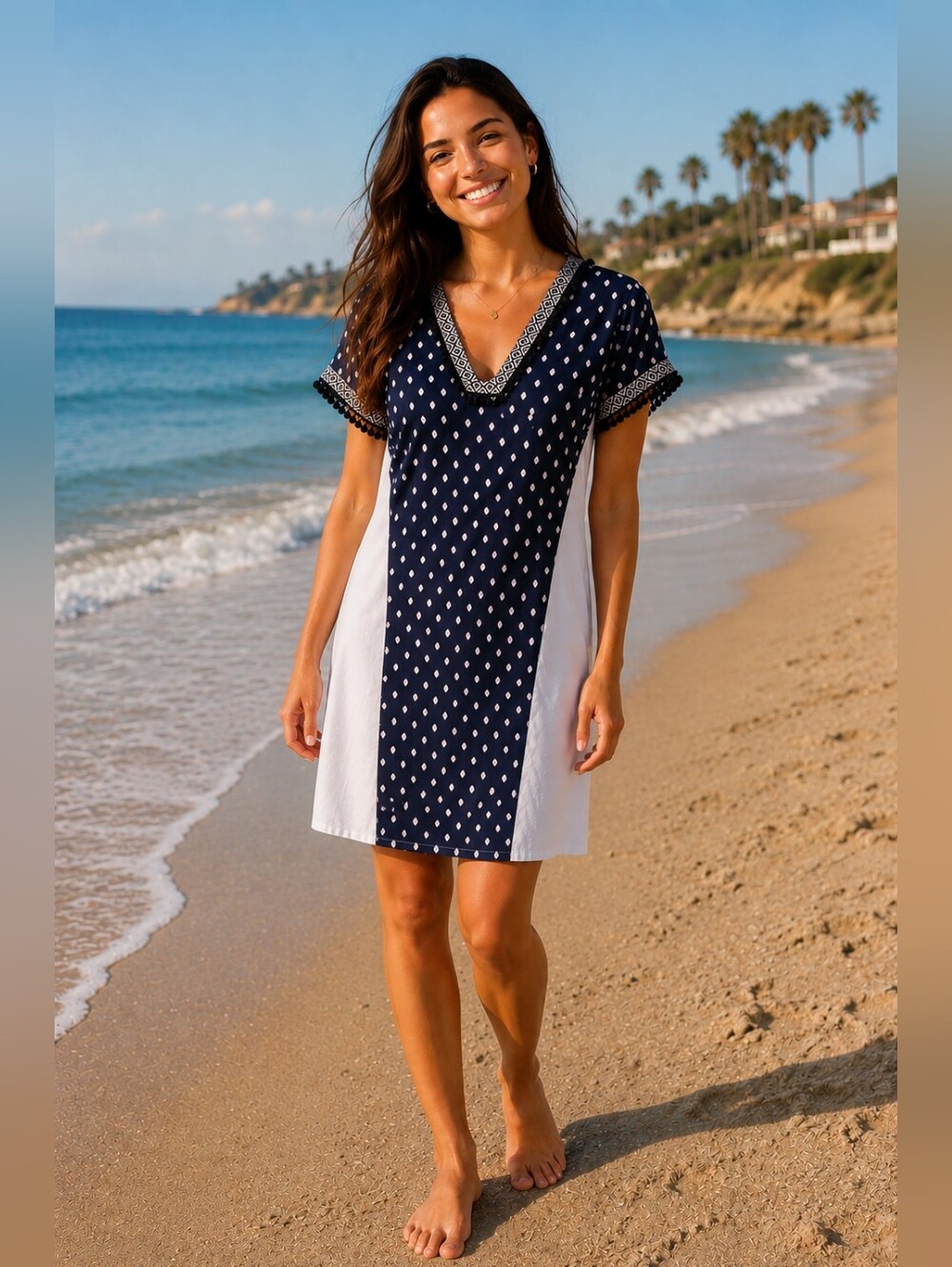 English Factory Cotton Navy/White Mixed-Media Shift Silhoutte Mini Dress - Sz M